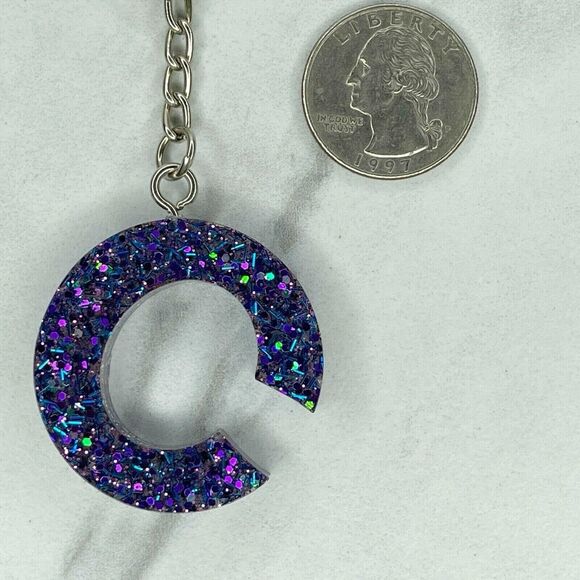 Silver Tone Glitter C Monogram Initial Letter Keyring Keychain - Picture 4 of 7